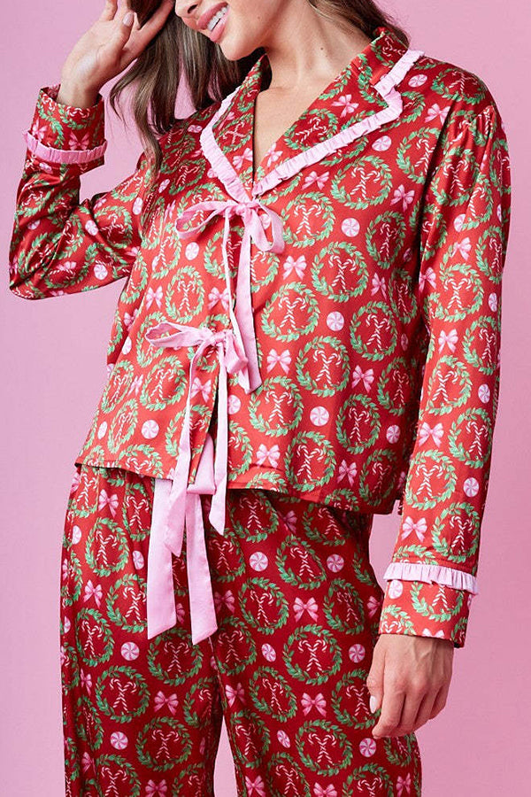 Christmas Print Long-sleeved Tie-waist Loose Top and Elastic Waist Pocket Casual Wide-leg Pants Set-consonak