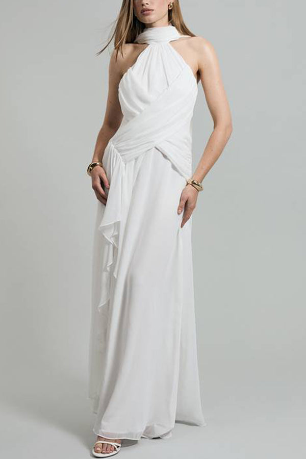 Spring Enchantment Chiffon Crinkle Cross Front Drape Scarf Maxi Dress