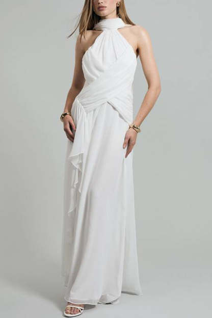 Spring Enchantment Chiffon Crinkle Cross Front Drape Scarf Maxi Dress