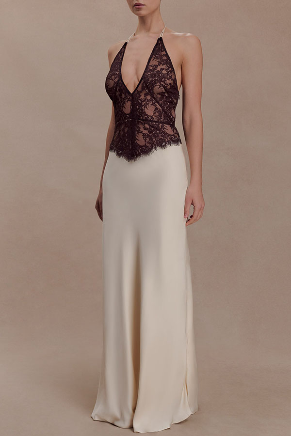 Timeless Silhouette Lace and Satin Halter Backless Drape Maxi Dresset-consonak