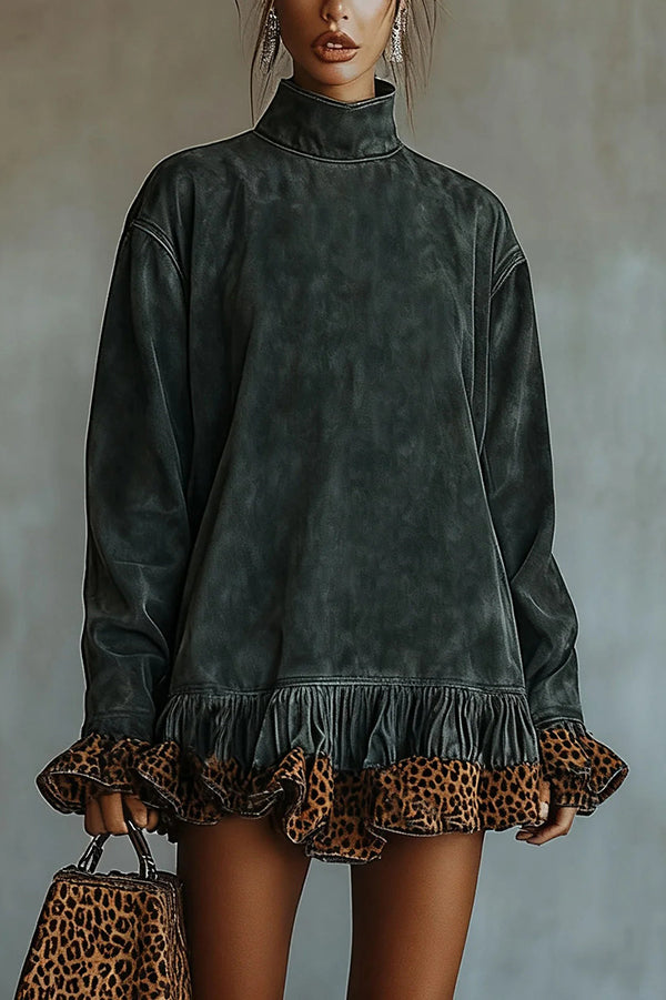 Fashionable Leopard Print Patchwork Loose Turtleneck Long-sleeved Casual Mini Dress-consonak