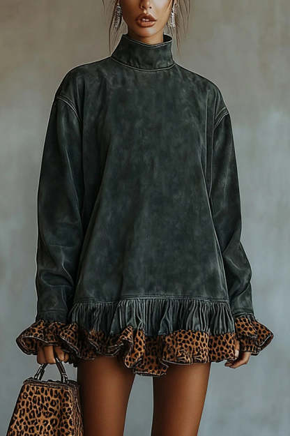 Fashionable Leopard Print Patchwork Loose Turtleneck Long-sleeved Casual Mini Dress-consonak