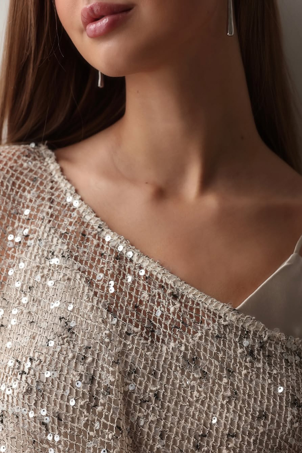 Fashionable Sequined Cutout Casual Long-sleeved Loose Cover-up Top-consonak