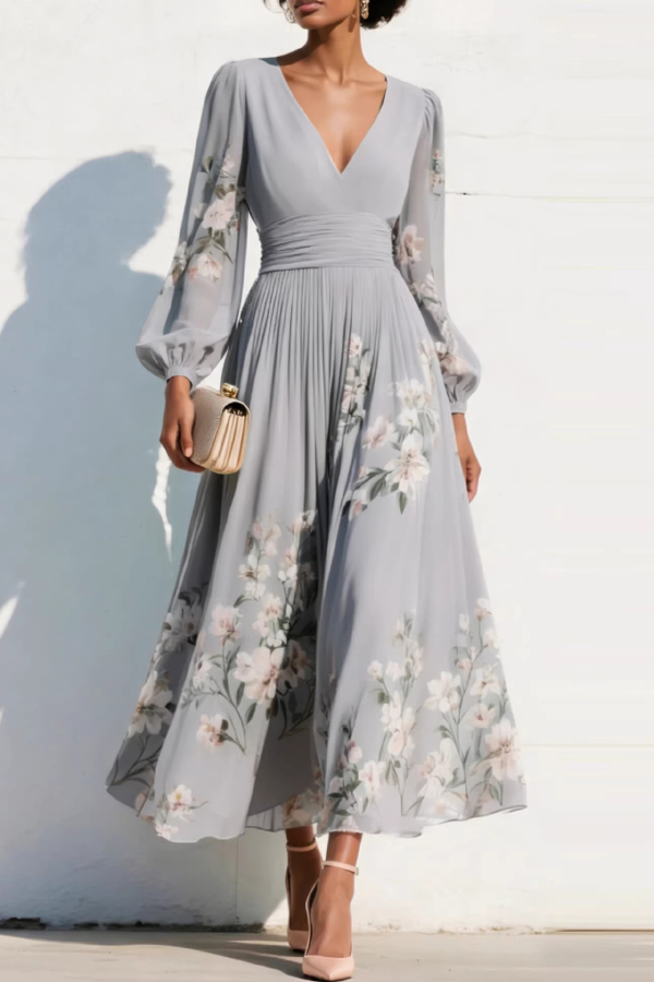 Floral Print V-neck Long-sleeved Fitted Waist Casual Maxi Dress
