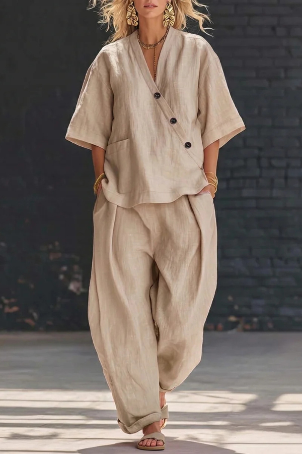 Linen Blend Solid Color V-neck Short-sleeved Loose Top and Elastic Waist Pocket Casual Pants Set-Consonak