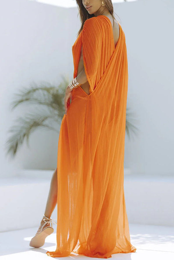 Enjoy Your Vacation Linen Blend Ruched Shoulder Drape Loose Cover Up Maxi Dress-consonak