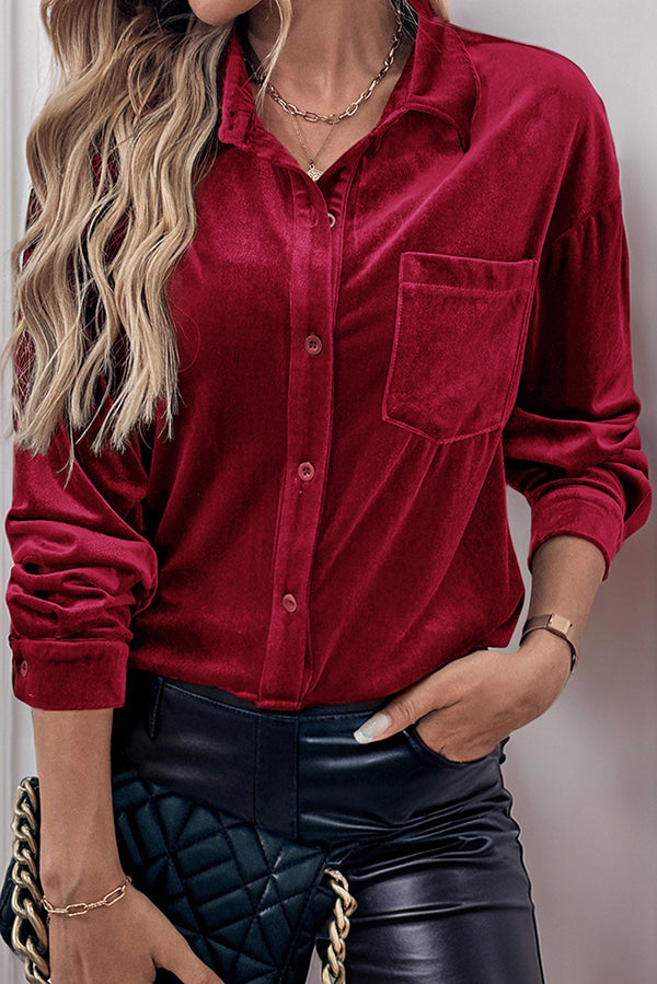 Solid Color Velvet Casual Lapel Pocket Loose Shirt-consonak