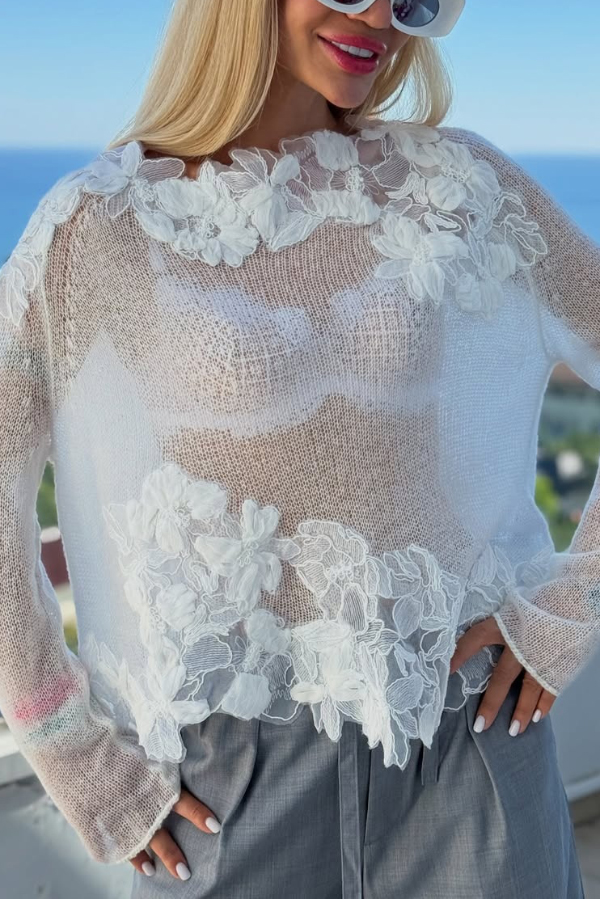 Fashionable Lace Floral Casual Knit See-through Long-sleeved Top