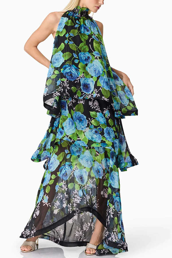 Briony Georgette Fabric Floral Print Pleated High Neck Tiered A-line Maxi Dress