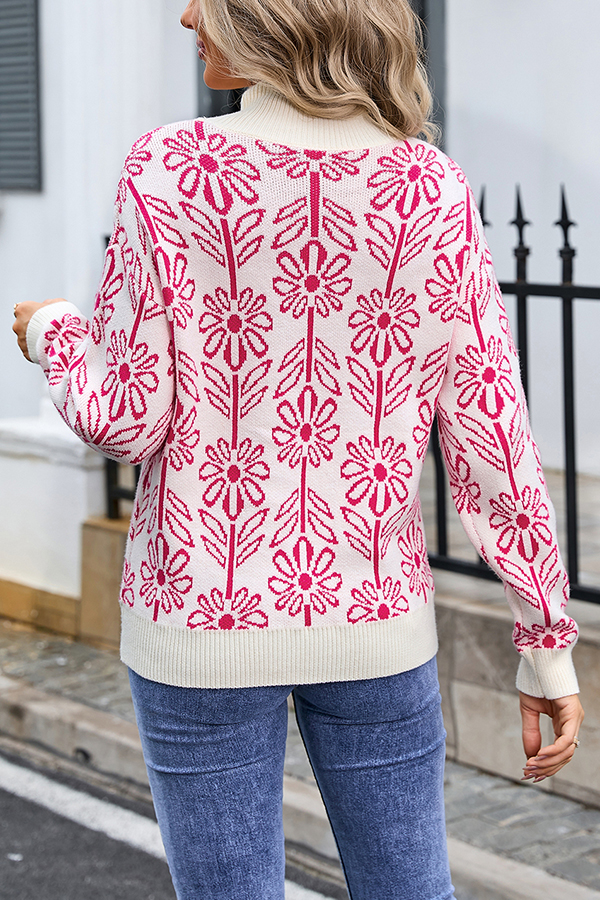 Fashionable Floral Knitted Turtleneck Loose Sweater-consonak
