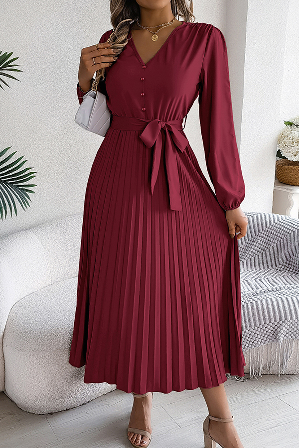 Solid Color Elegant V-neck Buttoned Lace-up Pleated Maxi Dress-consonak