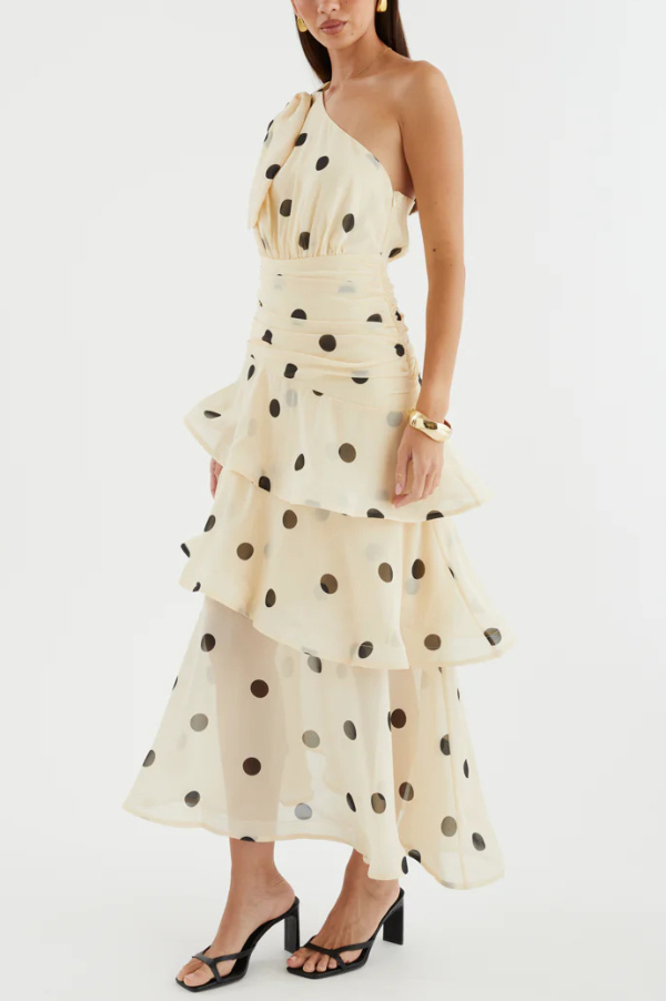 Fashionable Polka Dot Print One-shoulder Sleeveless Layered Mesh Maxi Dress | Consonak