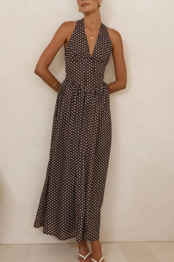 Polka Dot Print Halter Neck Fitted Waist Holiday Maxi Dress-consonak
