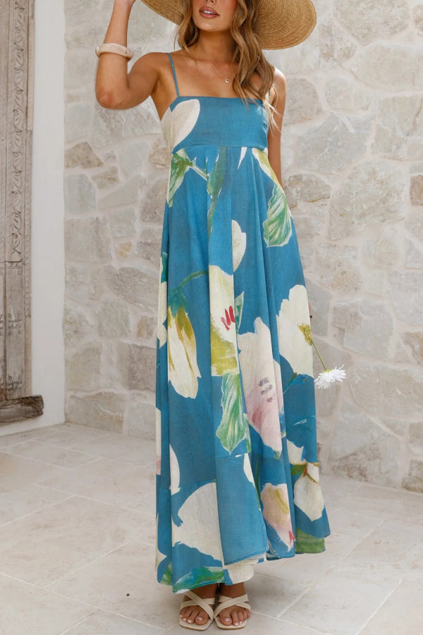 Floral Print Square Neck Sleeveless Casual Holiday Maxi Dress-consonak