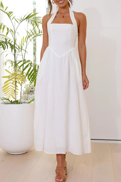 Brunch in Bali Linen Blend Halter Neck Pocketed Maxi Dress-consonak