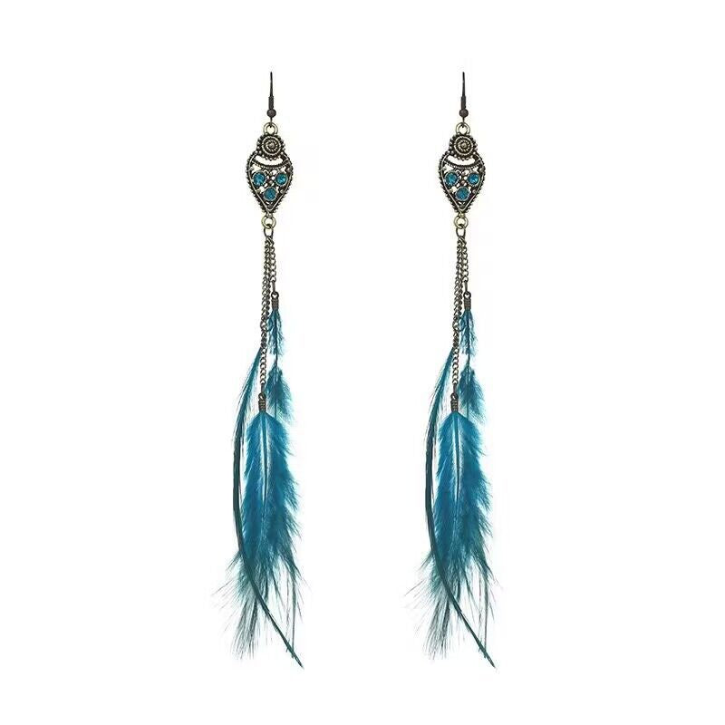 Vintage chain tassel bohemian feather earrings-consonak