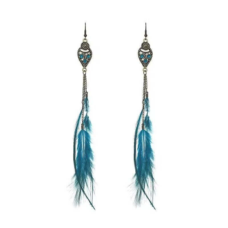 Vintage chain tassel bohemian feather earrings-consonak