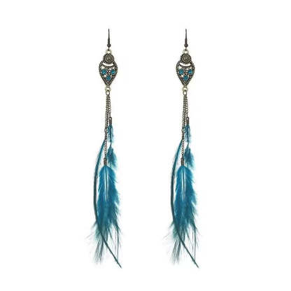 Vintage chain tassel bohemian feather earrings-consonak