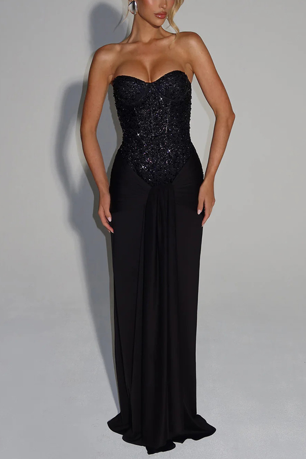 Carina Sequined and Satin Jersey Off Shoulder Ruched Knot Drape Maxi Dress | Consonak