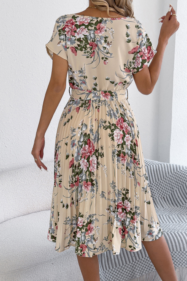 Floral Print Round Neck Fitted Waist Tie Pleated Midi Dress-consonak