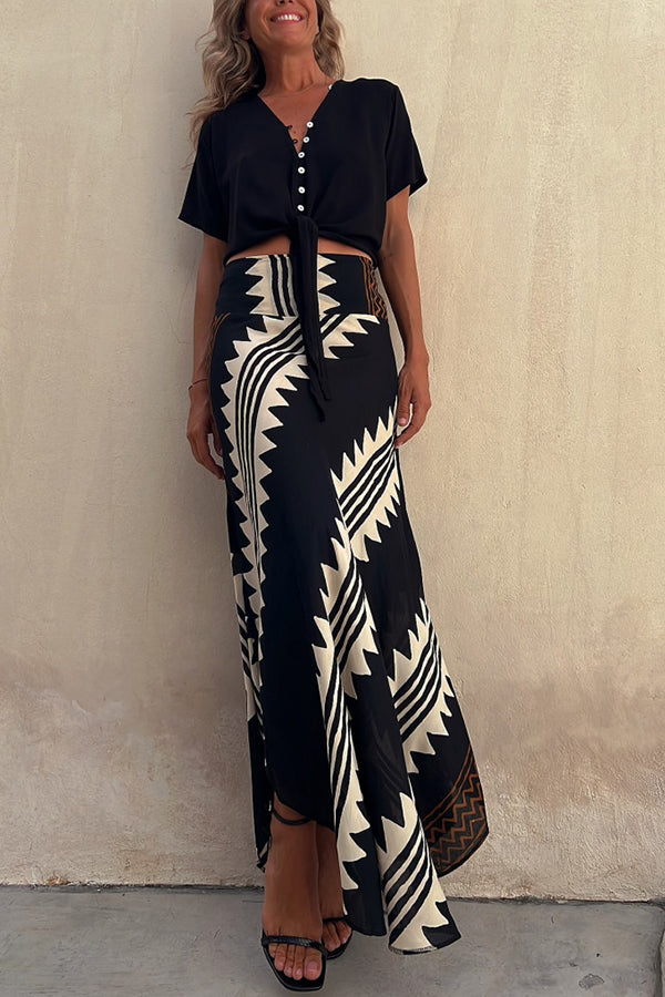 Eva Satin Geometric Print Elastic Waist Maxi Skirt-consonak