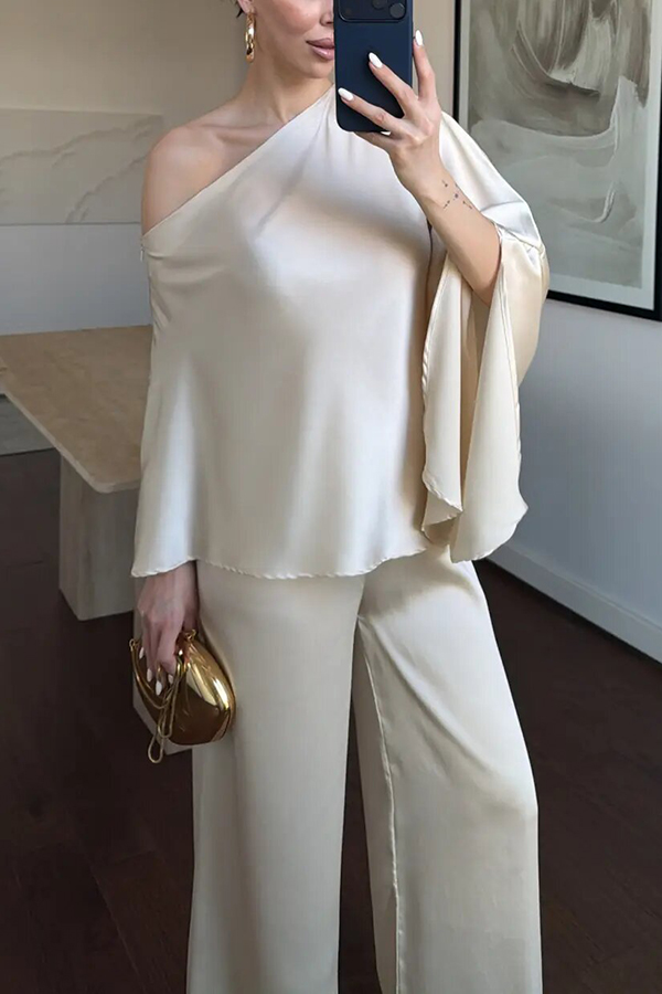 Arnell Satin One-Shoulder Cape Top and Elastic Waist Wide Leg Pants Set