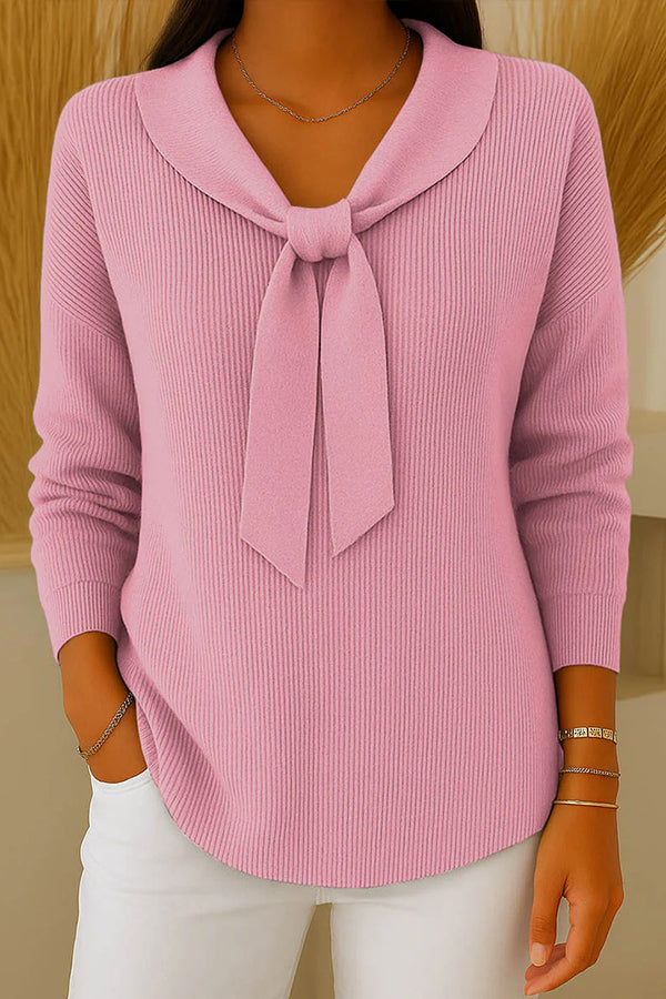 Solid Color Loose-fitting Tie-waist Long-sleeved Knit Sweater-consonak