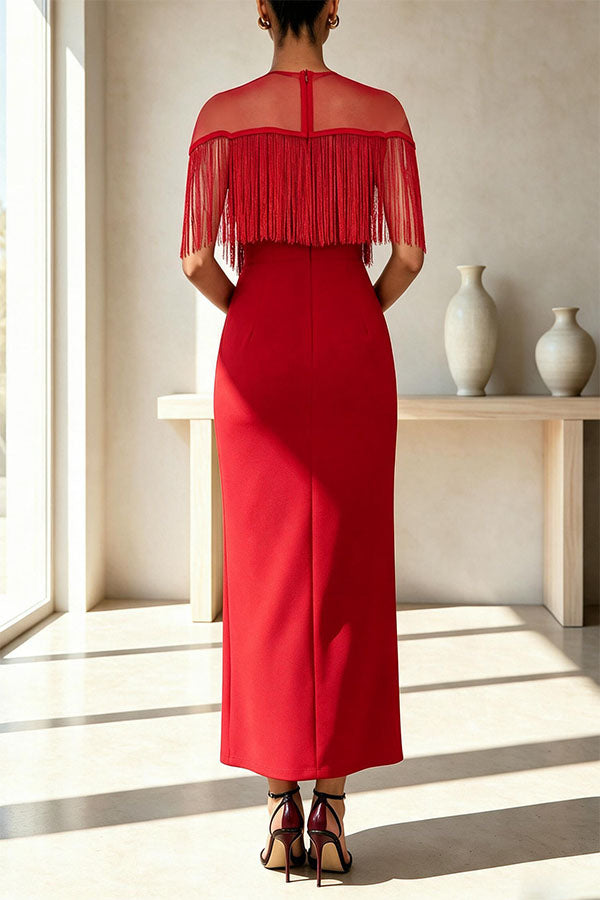 Elowyn Mesh Tiered Tassel Patchwork Round Neck Cape Sleeve Midi Dress-Consonak