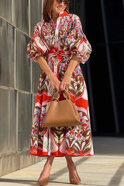 Khloe Bold Geometric Print Pleated Shoulder Puff Sleeve Belt Pocket Shirt Midi Dress