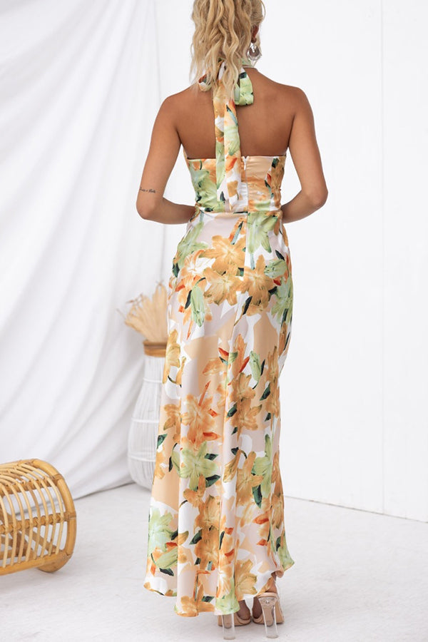 Happier Now Satin Floral Halter Maxi Dress | Consonak