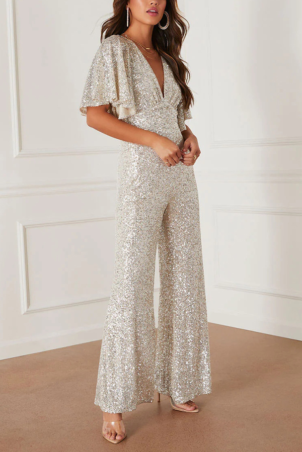 Trophy Wife Sequin Bell Sleeve Flare Stretch Jumpsuit-consonak