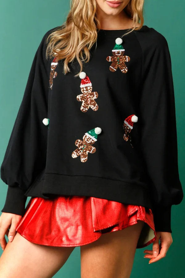 Christmas Gingerbread Man Sequined Long Sleeve Sweatshirt-consonak