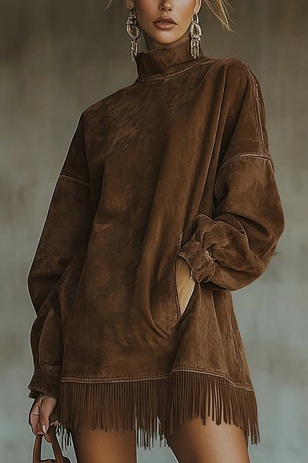 Stylish Suede High-neck Long-sleeved Loose-fitting Pockets Tassel Mini Dress | Consonak