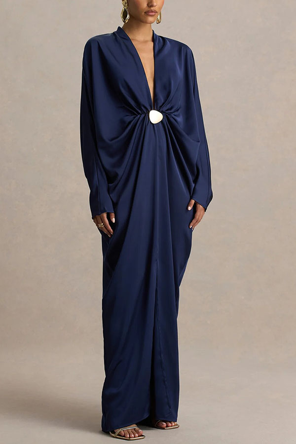 Tina Satin Plunge V-neck Gold Trim Detail Long Batwing Sleeve Maxi Dress | Consonak