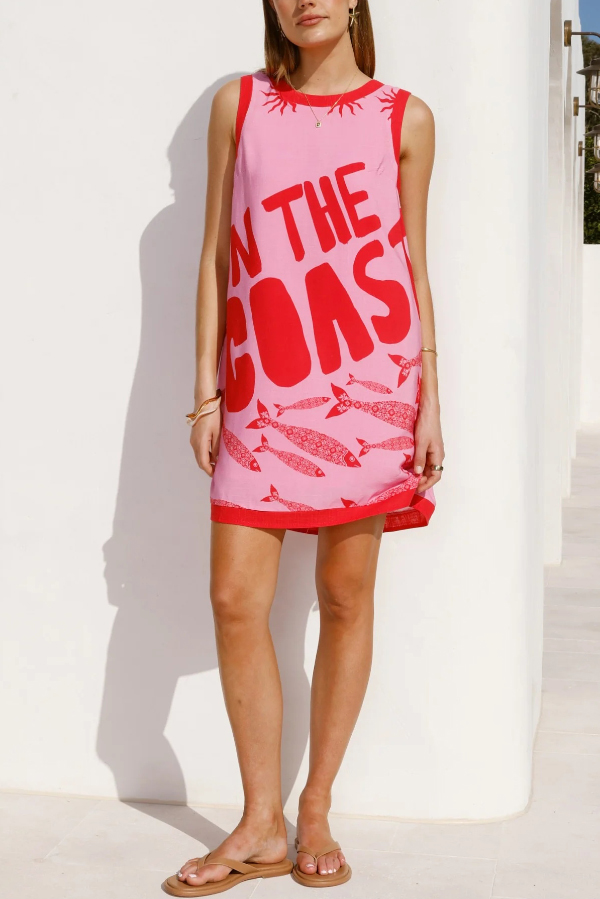 Summer-themed Printed Round Neck Sleeveless Pocket Loose Mini Dress-consonak