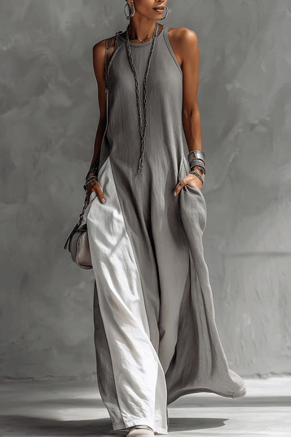 Stylish Color-blocked Round Neck Sleeveless Casual Pocket Loose Maxi Dress