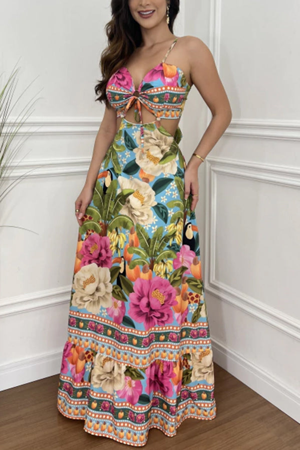 Mexico Style Tropical Print Ring Cutout Lace-up Vacation Maxi Dress-consonak