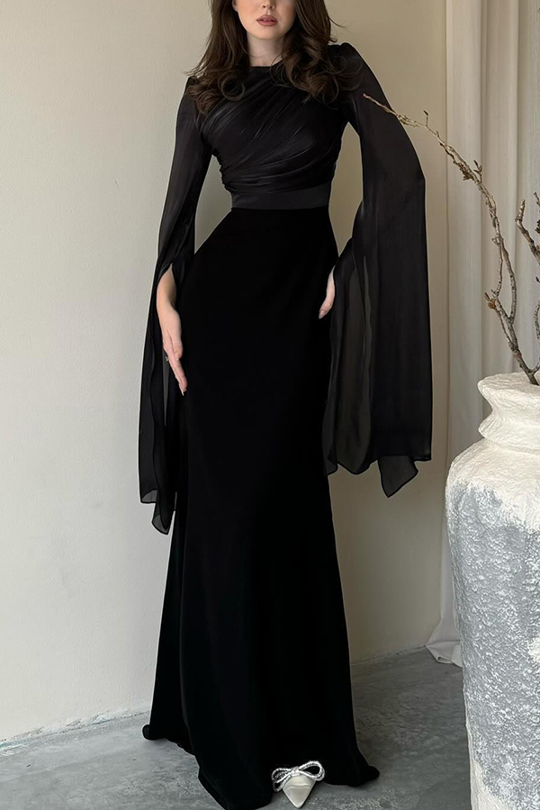 Liora Ruched Organza and Satin Patchwork Design Long Bell Slit Sleeve Maxi Dress | Consonak