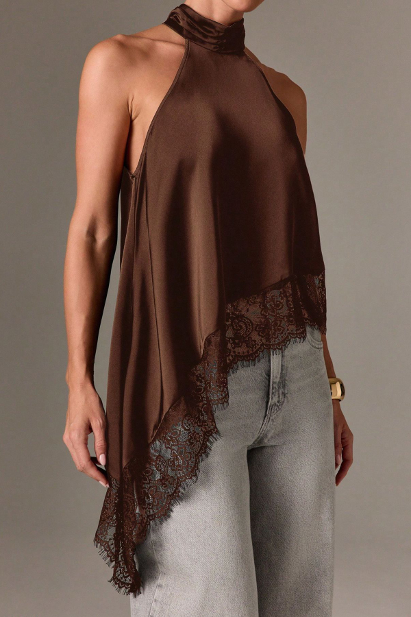 Solid Color Satin Sleeveless Lace Hem Loose Top