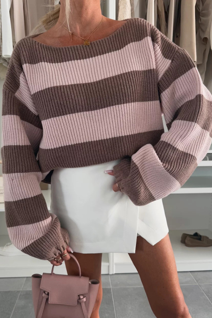 Fashion Striped Loose Long-sleeved Crew Neck Knitted Sweater-consonak