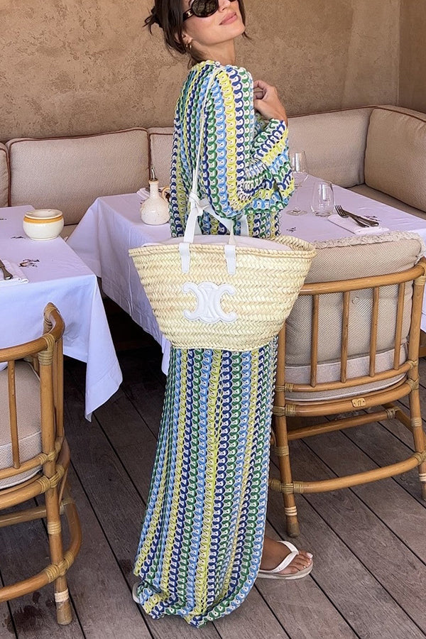 Elegant women's cardigan beach knitted colorful wave print long sleeved vacation dress | Consonak