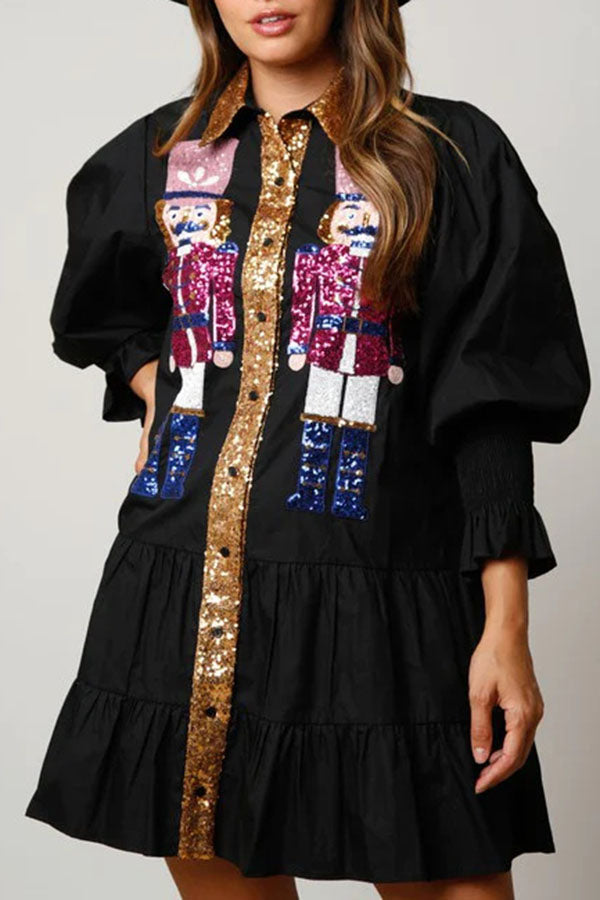 Nutcracker Sequined Button Down Long Sleeve Mini Dress | Consonak