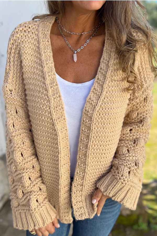 Fashion Knit Solid Color V-neck Long-sleeved Cardigan-consonak
