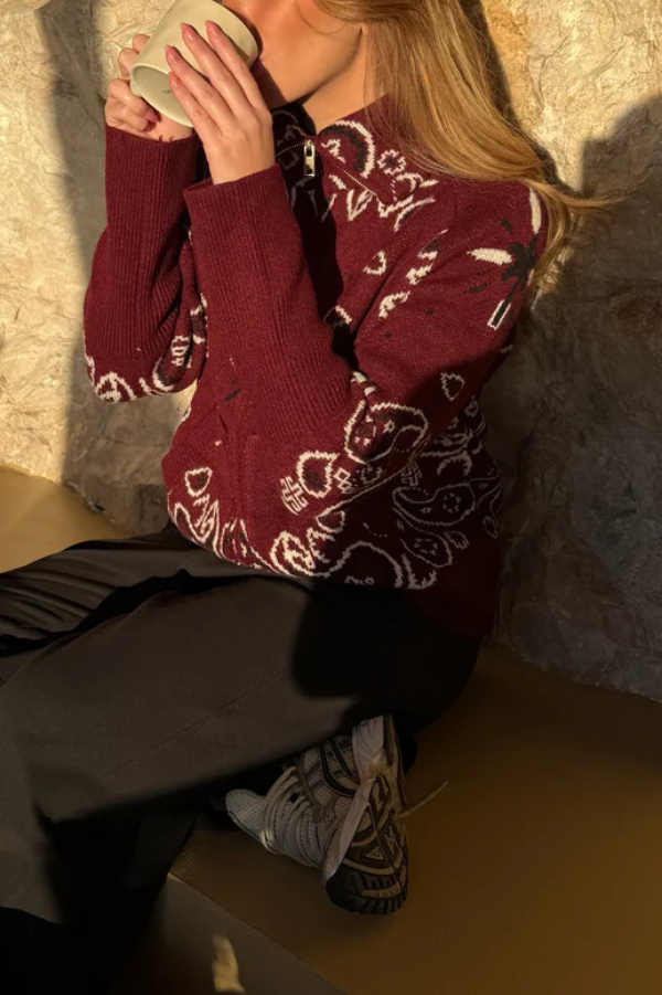 Fashionable Jacquard Turtleneck Long-sleeved Casual Zip-up Pocket Knit Top