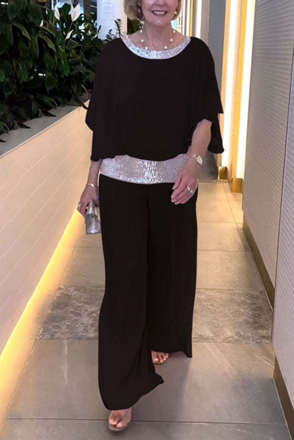 Stylish Sequin Patchwork Dolman Sleeve Top and Elastic Waist Wide Leg Pants Set-consonak