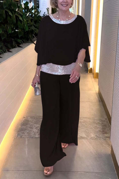 Stylish Sequin Patchwork Dolman Sleeve Top and Elastic Waist Wide Leg Pants Set-consonak