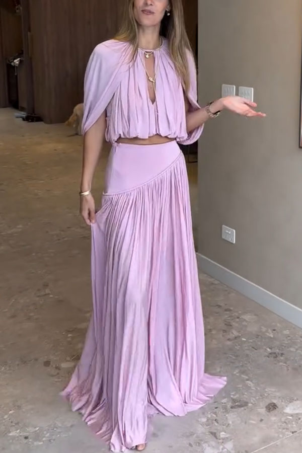 Venus Cutout Neck Slit Sleeve Crop Ruched Top and High Rise Pleated Maxi Skirt Set-consonak