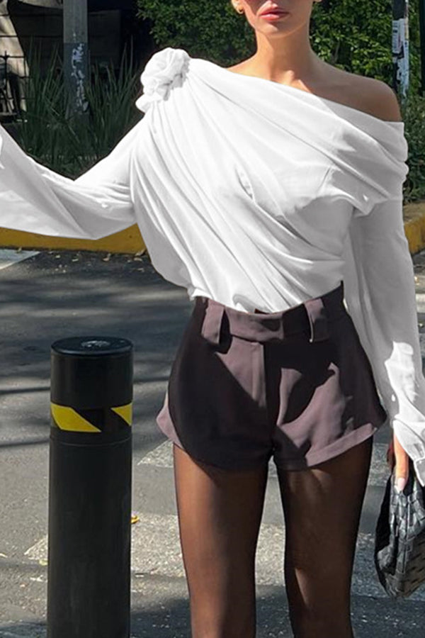 Beautiful Three Dimensional Flower Tulle Off Shoulder Long Sleeved Blouse-consonak