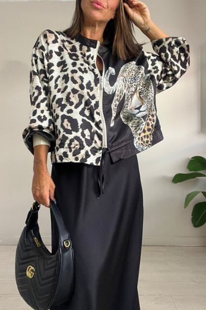 Shiloh Leopard Unique Print Zipper Drawstring Hem Bomber Jacket-consonak