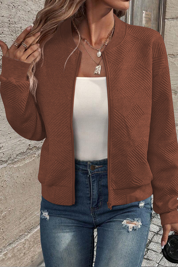 Solid Color Zippered Round Neck Long Sleeve Casual Jacket-consonak